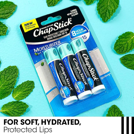 ChapStick Moisturizer 2-in-1 Lipcare SPF 15, Cool Mint, 3-Pack – Sunscreen Lip Balm with Aloe Vera and Vitamin E, 0.15 Ea