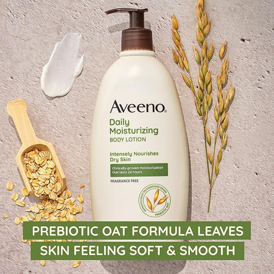 Aveeno Daily Moisturizing Body Lotion, Body Lotion for Dry Skin with Prebiotic Oat, Paraben Free, Fragrance Free, Non-Greasy, Non-Comedogenic Moisturizer, 8 FL OZ