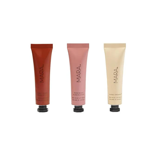 MARA - Sea Silk Lip Balm Trio | Non-Toxic, Plant-Based Skin Care, Hypoallergenic | Moisturize, Plump + Soothe Dry, Chapped Lips | Clear, Nude Beach, & Toasty Rouge (3 Piece Set)