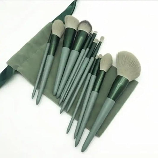 Foundation Makeup Brush Set Kit | 13 Pcs Premium Synthetic Kabuki Eye Shadows Make Up Brushes + 1 Sponge + 1 Brush Bag for Travel and Home Use (GREEN)