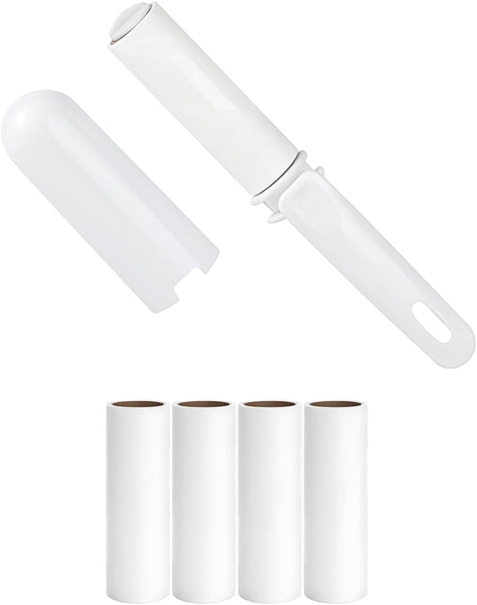 Mini Lint Roller Travel Size Refillable On The Go Lint Roller with Cap and 4 Refills Total 150 Extra Sticky Sheets for Pet Hair Lint Remover with Cover for Purse Bag Car (White)
