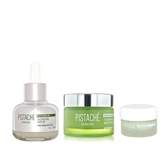 Pistaché Skincare Pistachio Oil Ultimate Face Trio Set + Eye Cream, Hyaluronic Acid Face Serum & Face Moisturizer + Hydrates and Nourishes + Vitamin E + Antioxidant Protection