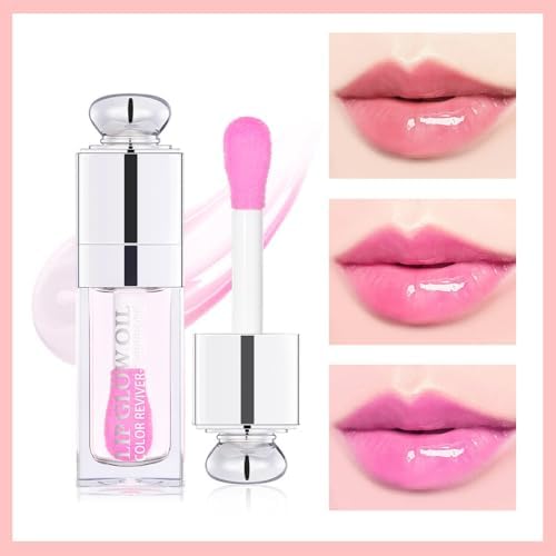 Plumping Lip Oil,Hydrating Gloss Tinted Lip Balm Transparent Lip Care,Big Brush Head Glitter Shine,Long Lasting Nourishing Non-sticky Fresh Textureand Dry Lips Care Products0.2 OZ(002#CLEAR TO PINK)