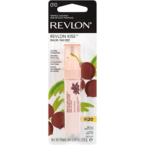 Revlon Lip Balm, Kiss Tinted Lip Balm, Face Makeup with Lasting Hydration, SPF 20, Infused with Natural Fruit Oils, 010 Tropical Coconut, 0.09 Oz (Pack of 2)