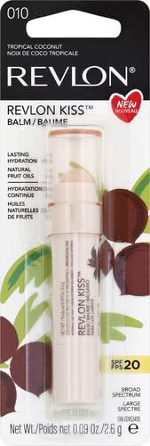 Revlon Lip Balm, Kiss Tinted Lip Balm, Face Makeup with Lasting Hydration, SPF 20, Infused with Natural Fruit Oils, 010 Tropical Coconut, 0.09 Oz (Pack of 2)