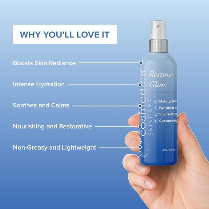 Cosmedica Skincare Restore Glow Peptide Spray Hydrating Mist with Matrixyl 3000, Vitamin B5, Hyaluronic Acid & Cucumber Extract for Radiant Skin – 4 oz