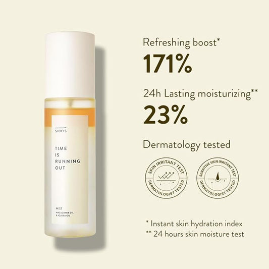 SIORIS Time Is Running Out mist 30ml (organic, vegan), glass skin face mist for Sensitive Skin, jojoba oil for moisture lock, enriched citrus water rejuvenates glass veil finish