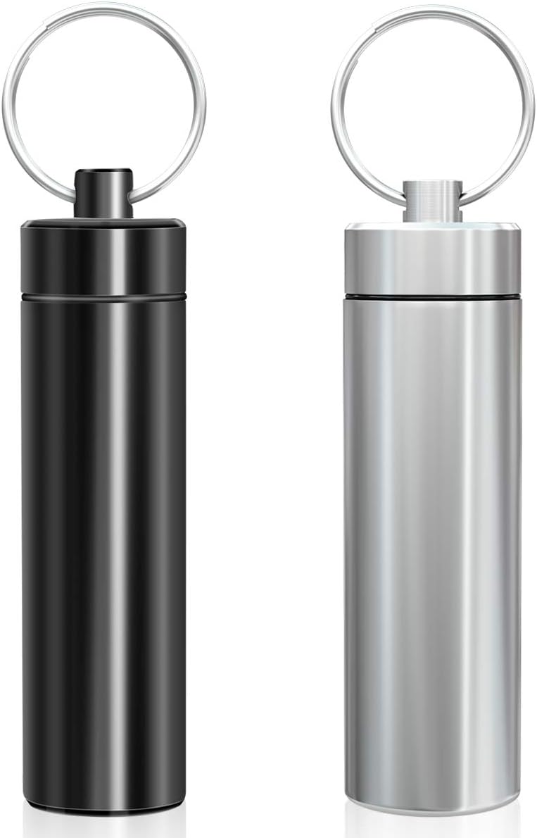 Minisland Large Portable Metal Aluminum Toothpick Holders Keychain Pocket Outdoor Travel Small Q-Tips Pill Containers Waterproof Dia.23mm Silver and Black Set -MSL144