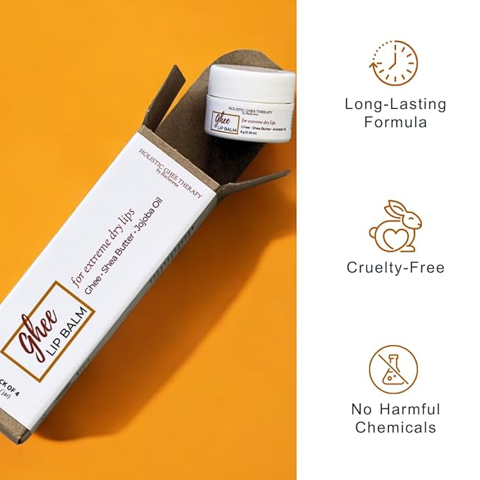 Natural Lip Balm For Very Dry Lips | Pack of 4 | Moisturizing Ghee, Shea Butter, Beeswax, Coconut Oil, & Jojoba Oil | Hydrating Lip Care For Chapped Lips, After Sun Care | Bioserene