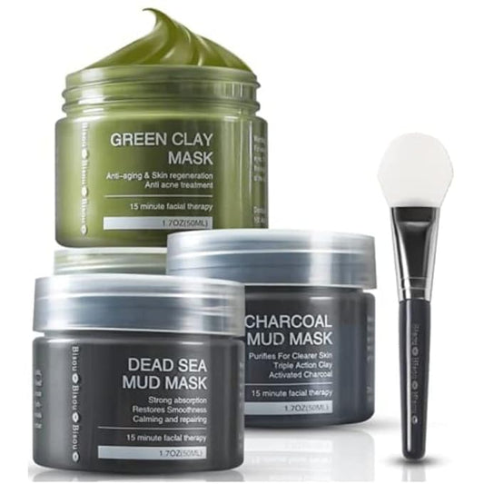 Clay, Dead Sea Mud & Charcoal Gel Face Mask Trio With Applicator, Deep cleansing Clay and Mask Applicator, Facial Therapy PH Balanced Hypo-allergenic