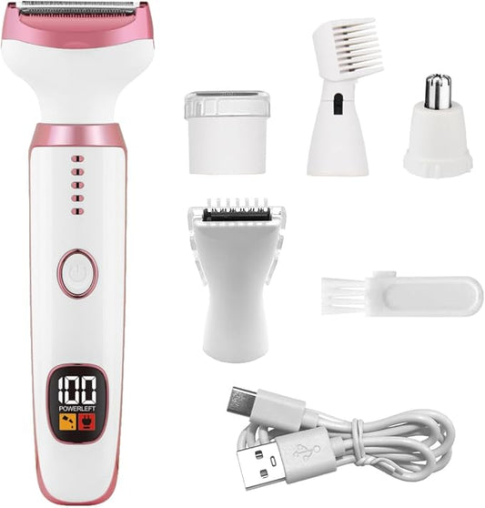 Electric Razors for Women, Bikini Trimmer for Women 5 in 1 Body Shaver for Nose Hair Face Eyebrow Arms Legs Armpit Underarm Pubic Area, Replaceable Lady Facial Razor Painless USB Charge Female Gift