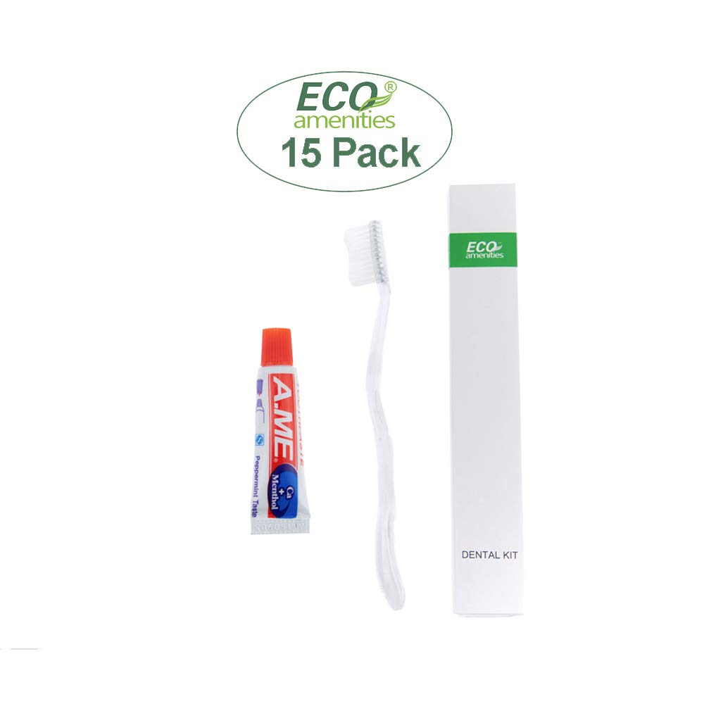 ECO Amenities 60 Pcs, 4-Piece Travel Size Toiletries Kit, Includes Small Bar Soap, 2 in 1 Hotel Shampoo and Conditioner Supplies for Guests, Body Lotion, Travel Toothbrush Set with Toothpaste, 15 Kits