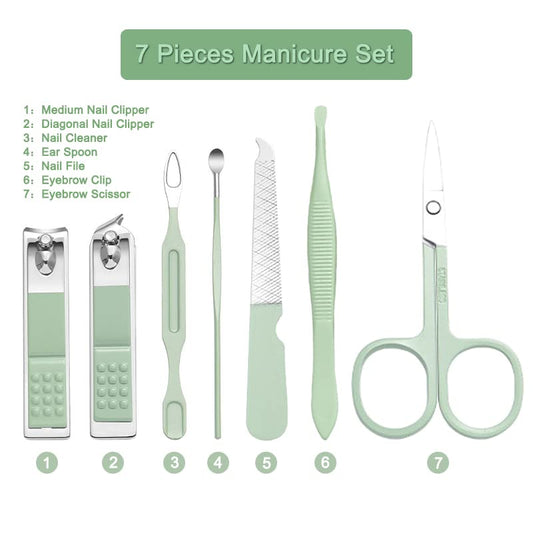 Manicure Set - 7 Pieces Professional Travel Nail Clippers with Green Leather Bag, Stainless Steel Nail Care Tools Grooming Kit for Women