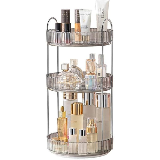 Makeup Organizer for Vanity, 360° Rotating Bathroom Organizer Countertop, High-Capacity Skincare Organizer, Spinning Cosmetics Organizer for Dresser Countertop (3 Tiers, Grey)