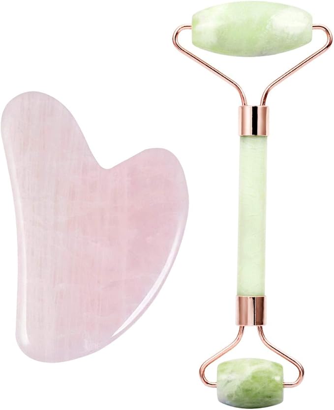 Rockcloud Natural Crystal Jade Roller and Gua Sha Scraping Set Massager Tool for Anti Aging Beauty Neck Body Reduce Wrinkles Facial Massager Therapy Xiuyan Jade and Rose Quartz Crystal Stone