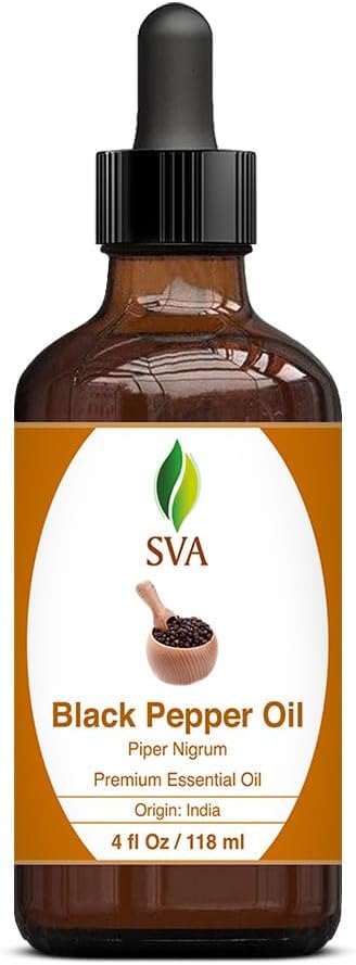 SVA Black Pepper Essential Oil – 4 Fl Oz – 100% Natural Black Pepper Oil - for Diffuser, Hair Care, Face, Skin Care, Aromatherapy, Scalp and Body Massage, Soap and Candle Making – with Dropper