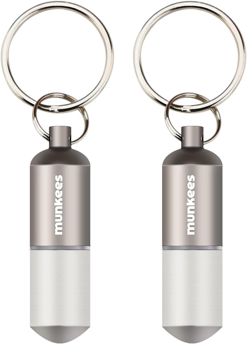 munkees Portable Pill Case Small Waterproof Capsules EDC Keychain, Travel Pill Bottle for Camping, Hiking, Backpacking, Compact Valuables Container for Outdoors 2-Pack