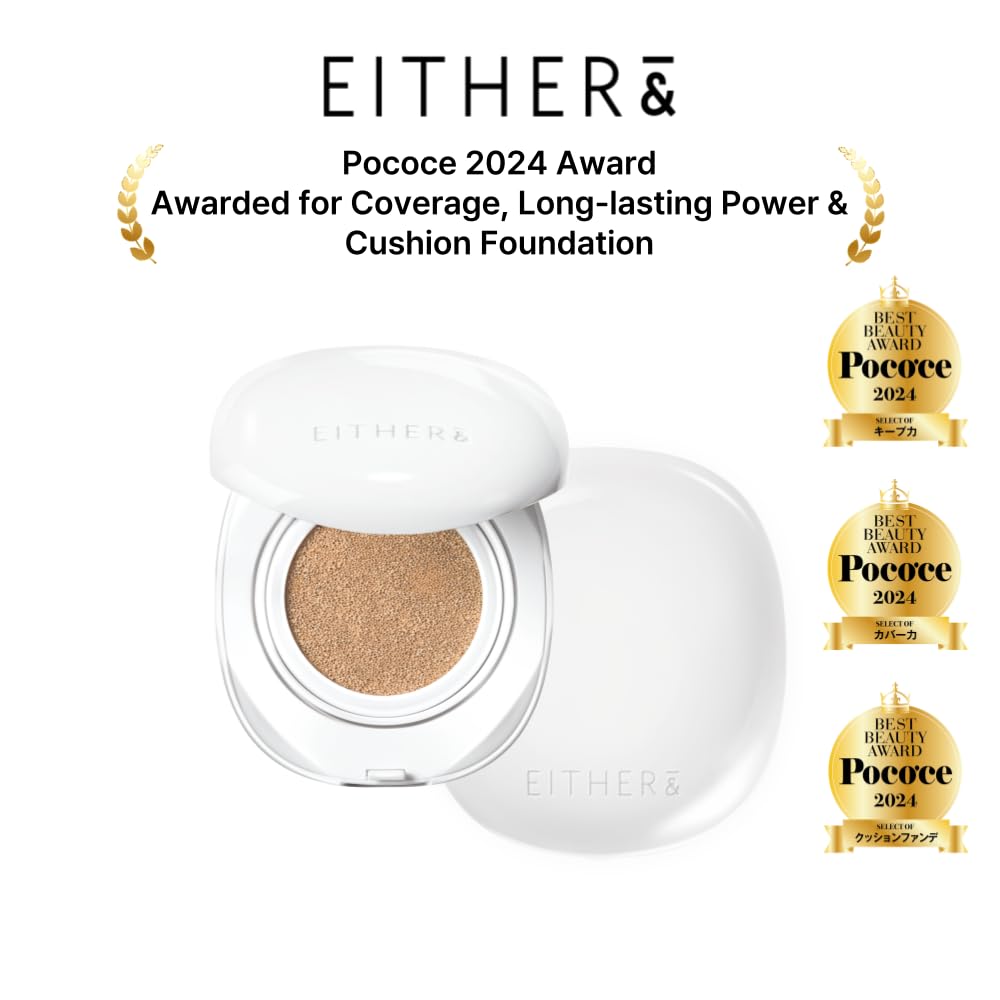 EITHER& Glow Pixel Cushion Foundation, Glowy Skincare, Korean Makeup, Natural Coverage, Moisturizing, Lightweight, Long Lasting Coverage for Flawless Skin (21N Natural)