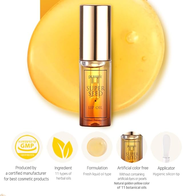PETITFEE Lip Oil Super Seed | 0.10 Oz | Glass Lip, Healthy Lip Care, Moisturizing Lip Oil with Honey, Propolis, Herbal Oil, Glowy, Revitalizing, Calming Lip, Non-sticky, Non-artificial Colors