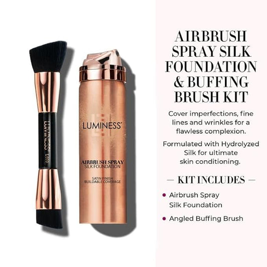 LUMINESS Silk Airbrush Spray Foundation & Buffing Brush Kit – Full Coverage Foundation & Dual-Sided Buffing Brush - Buildable Coverage, Anti-Aging Formula Hydrates & Moisturizes (Shade - Light Tan)