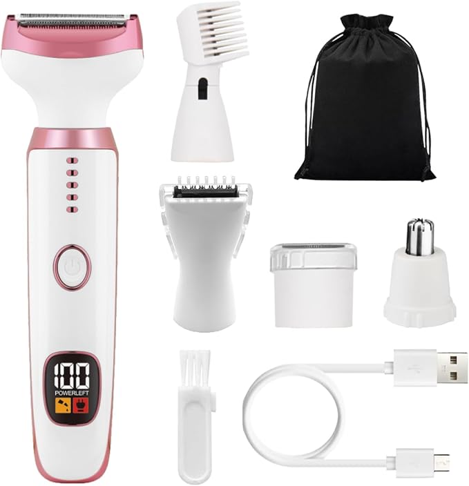 Electric Razors for Women, 5 in 1 Painless Ladies Wet & Dry Body Razors and Facial Hair Remover, Rechargeble Facial and Body Hair Remover for Face Nose Eyebrow Arms Armpit Legs Pubic Area（White）