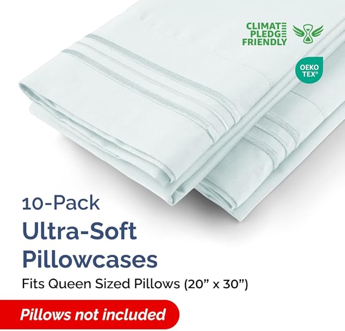 Queen Pillow Cases Set of 10 - Ultra Soft Hotel Quality Pillowcase Covers - Comfy, Cozy & Wrinkle Free - Shrink, Stain and Fade Resistant - Machine Washable Pillow Protectors - 10 Piece Set - Ice Blue
