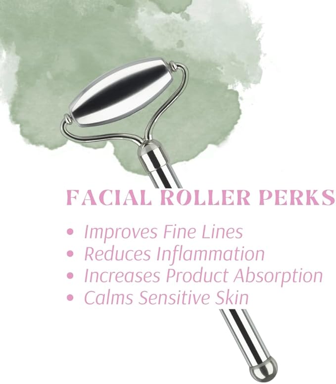 Stainless Steel Ice Roller & Rose Quartz Facial Set | Luxury Skin Care Tools for Lymphatic Drainage, Product Absorption, Skin Tightening, & Relaxation