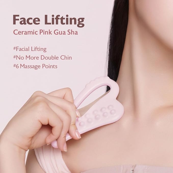 MILKTOUCH Face Lifting Ceramic Pink Gua Sha - Double Chin Lift, Muscle Relief Massage Tool for Face and Body, Korean Self Care Gua Sha