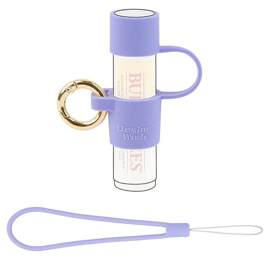 Desing Wish Silicone Lip Balm Holder with Cap Cover Portable Chapstick Holder Keychain Sleeve Lip Balm Key Chain with Key Ring and Wrist Strap Lanyard - Purple