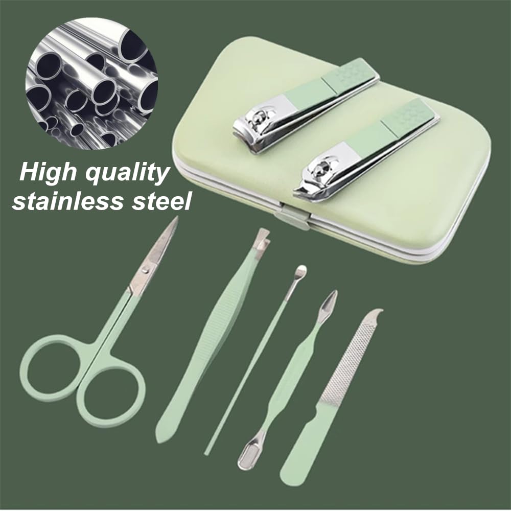 7pcs Manicure Set, Nail Clippers Kit, Stainless Steel Manicure Kit, Nail Clipping Tools Portable Travel Grooming Kit, The Best Gift with Luxurious Case (Green)