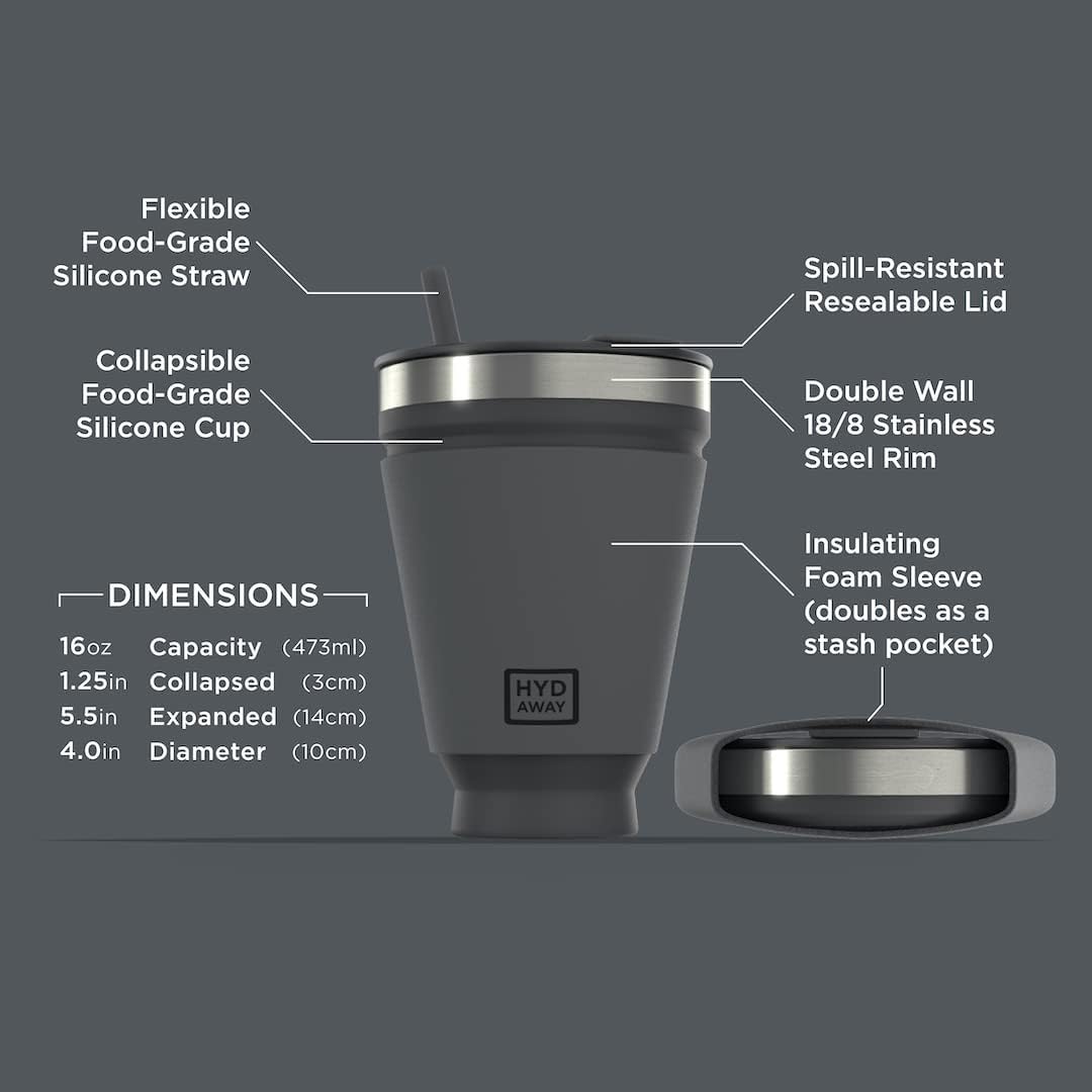 HYDAWAY 16oz Collapsible Tumbler - BPA-Free, Reusable Silicone Cup with Lid & Insulating Sleeve - Perfect for Coffee, Travel, and Everyday Use