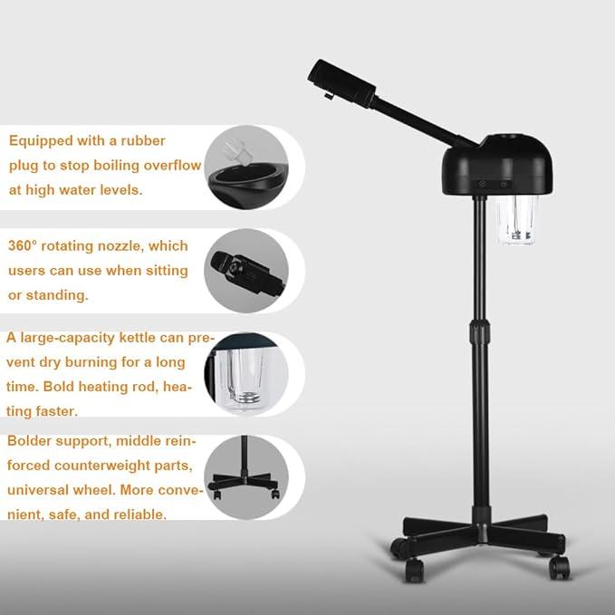 Stand Professional Ozone Facial Steamer with Touch Control, Hot Mist Function, Adjustable Height & Rolling Base, 360° Rotatable Nozzle, Use for Home, Salon SPA (Black)