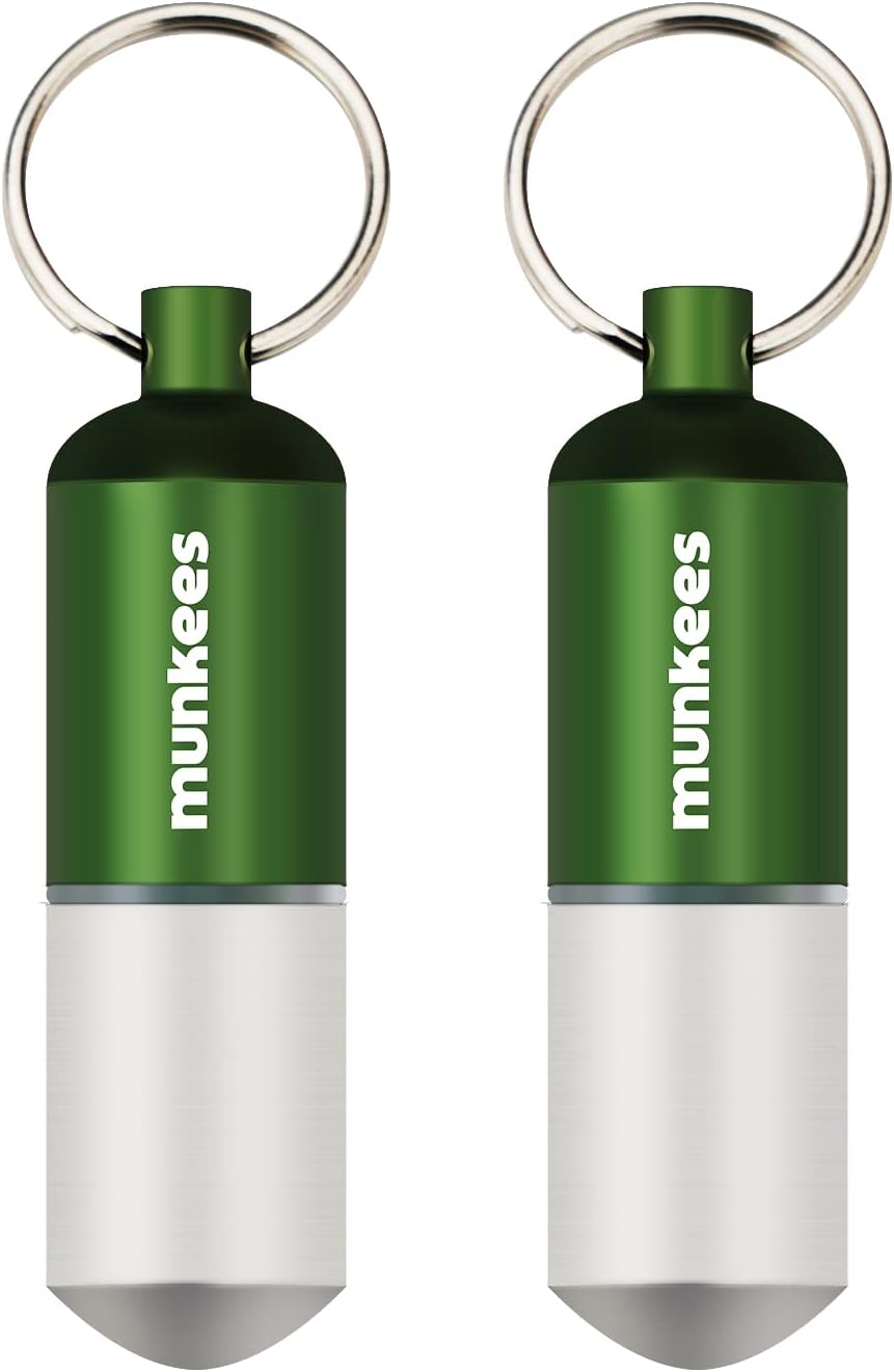 munkees Portable Pill Case Small Waterproof Capsules EDC Keychain, Travel Pill Bottle for Camping, Hiking, Backpacking, Compact Valuables Container for Outdoors 2-Pack