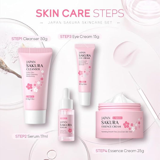 Skin Care Set JAPAN SAKURA Beauty Gift Sets Skin Care Kit with Cleanser, Serum, Eye Cream, Face Cream Travel Kit for Women Mom Wife Teen Girls Gentle Skin Cleaning TSA-friendly Sizes 4pcs