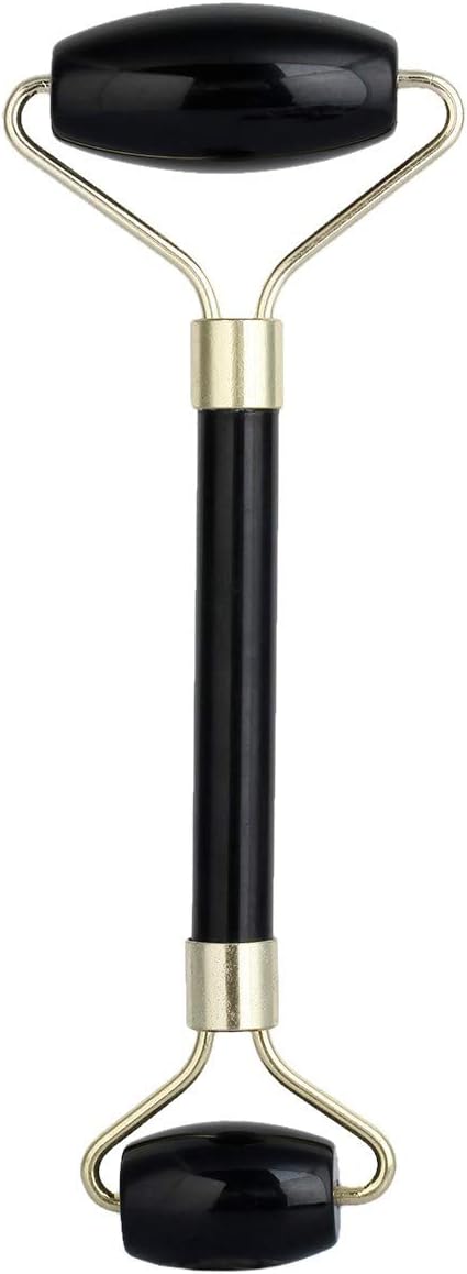 Rockcloud Natural Crystal Stone Roller Massager Double Neck Face & Neck Massage Therapy Anti-Aging Wrinkle Healing Slimming Skincare Tool,Black Obsidian