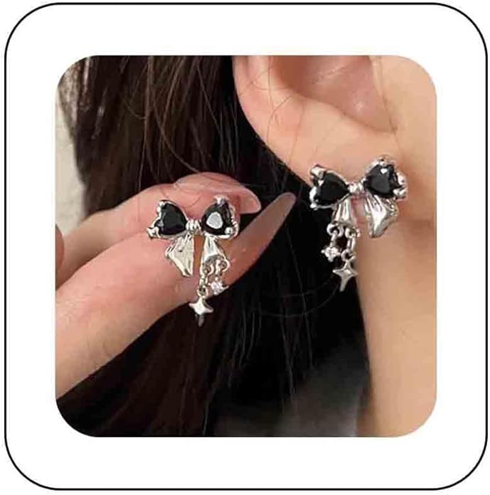 Vintage Crystal Bow Earrings Black Onyx Stud Earrings Silver Tiny Cross Drop Earrings Sparkly Cz Rhinestone Bow Earrings Jewelry for Women
