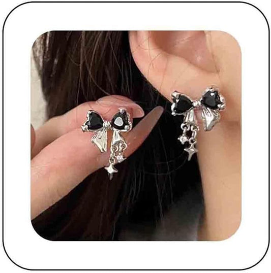 Vintage Crystal Bow Earrings Black Onyx Stud Earrings Silver Tiny Cross Drop Earrings Sparkly Cz Rhinestone Bow Earrings Jewelry for Women