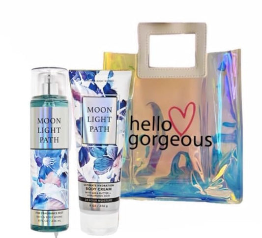 White Barn - Bath and Body Works - Gift Set 2 Piece Bundle - with Gift Bag HELLO GORGEOUS (Moonlight Path)