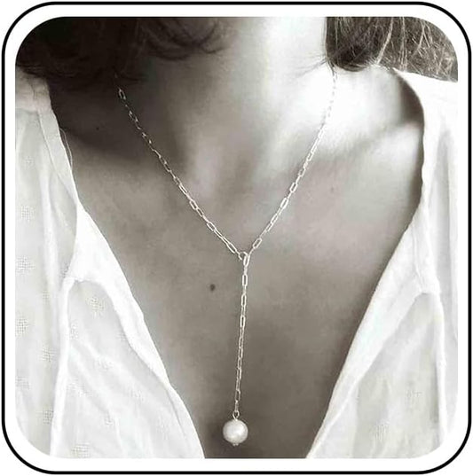 Boho Long Pearl Necklace Gold Lariat Y Necklace Choker Pearl Pendant Necklace Vintage Minimalist Necklace Chain Jewelry for Women and Girls