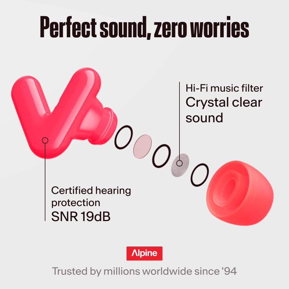 Alpine Tune Earplugs, Concert Ear Plugs for Noise Reduction, High Fidelity Music Quality, 19dB Hearing Protection with Crystal Clear Sound, Incl. 4 Sizes, Parties, Raves, Festivals & Clubs, Neon Pink