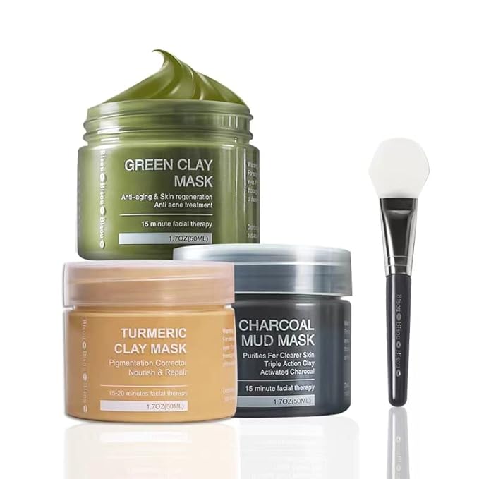Turmeric Clay, Dead Sea Mud & Charcoal Gel Face Mask Trio With Applicator, Deep cleansing Clay and Mask Applicator, Facial Therapy PH Balanced Hypo-allergenic (3 Sets Mud Mask)