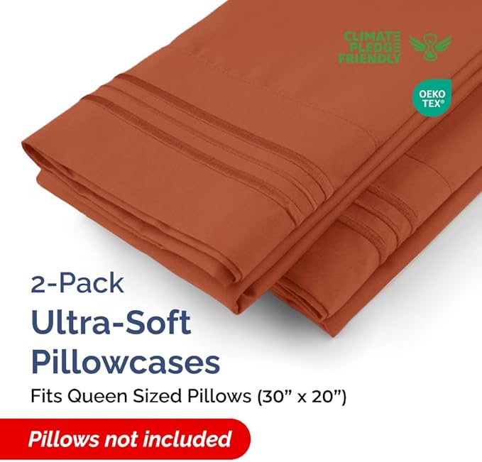 Queen Pillow Cases Set of 2 - Ultra Soft Hotel Quality Pillowcase Covers - Comfy Cozy Bedding for Women, Men, Kids & Teens - Machine Washable Pillow Protectors - 2 Pieces Set - Queen Size Terracotta