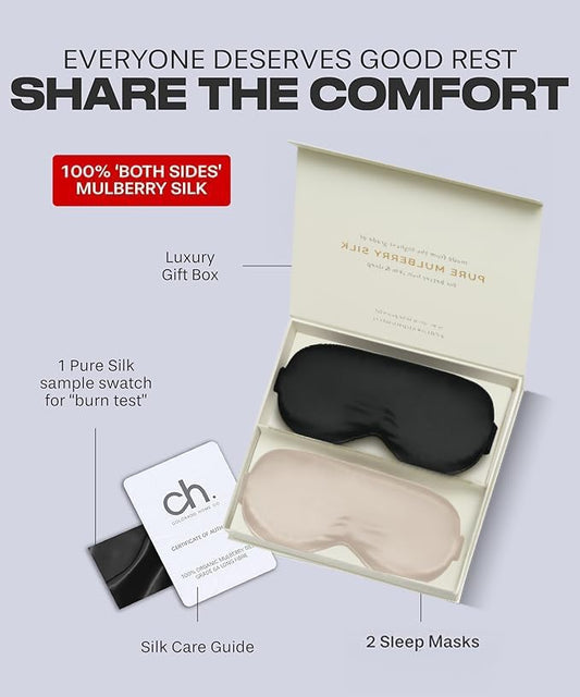 SUNDAYSILKS™ 3D Contoured Silk Sleep Mask | Padded Silk Eye Mask with Eye Cups for Lash Extensions | Blackout, Organic for Women & Men, Perfect for Travel, Slip-Free Deep Sleeping (2PK)