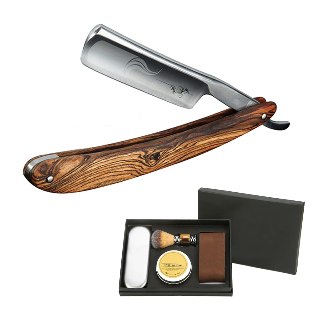 Straight Razor Kit Wooden Handle Shave Ready for Men Barber,Straight Edge Razor Professional Carbon Steel Sharp Shaver with Shaving Strop Brush Shaving Cream for Men Home &Grooming Using