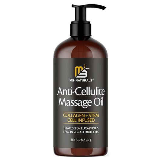 M3 Naturals Anti Cellulite Massage Oil and Firm Dry Brush Kit | Collagen & Stem Cell Skin Tightening Kit | Radiant Body Care Kit for Women