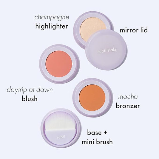 Subtl Beauty 3-in-1 travel makeup kit by subtl staks | powder blush, bronzer, and highlighter | includes mirror lid and mini brush | for medium-tan skin tones