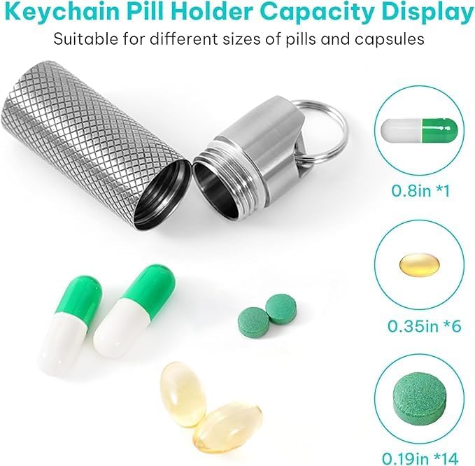 Mini Titanium Pill Box Keychain & Necklace - 100% Waterproof and Airtight, Travel Pill Holder for Essentials, Ultra Lightweight & Compact Medicine Container with O-Ring Seal (2PC)
