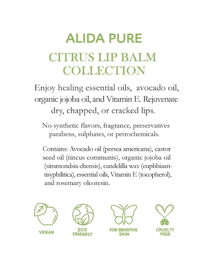 Citrus Lip Balm Collection, Vegan Lip Balm Set, Bees Wax Free, Coconut Oil Free, Avocado Oil, Organic Jojoba Oil, Vitamin E, Natural Moisturizer For Dry Cracked Lips, 3 Tube Set