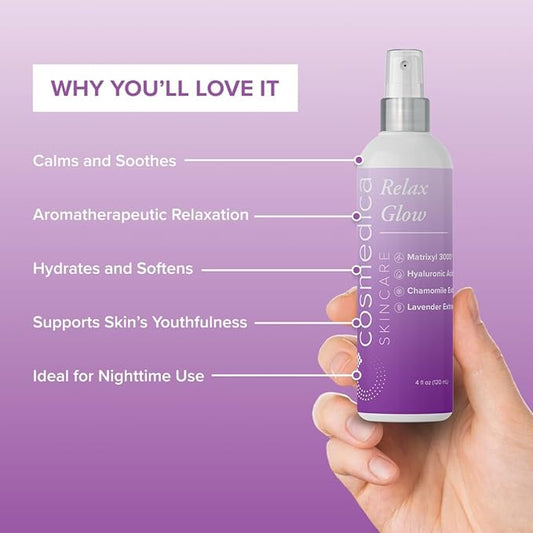 Cosmedica Skincare Relax Glow Hydrating Peptide Spray with Chamomile, Lavender Extract, Matrixyl 3000 & Hyaluronic Acid for Calming Skin, Moisturizer – 4 oz