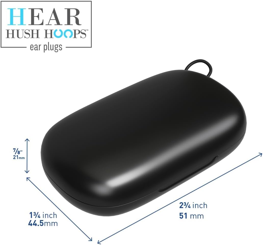 Hush Hoops Ear Plugs, Ultra-Soft Reusable Silicone Plugs with Horseshoe Shape for Comfort, Designed for Sleep and Sound Suppression, 17dB (NRR) Noise Reduction Rating, Black, 1 Pair with Travel Case
